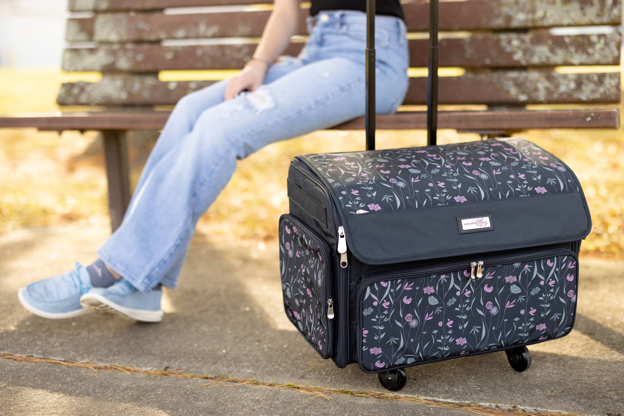 Everything Mary Pink & Gray Floral 4 Wheel Collapsible Deluxe Sewing Machine Storage Case